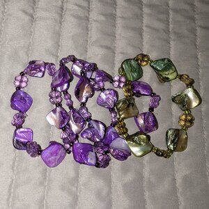 $1 with Bundle ~ Beaded Bracelets Purple & Green Shell 5824